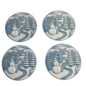 Set of 4 Round Coaster Snowman 4inch White Blue Christmas Decor
